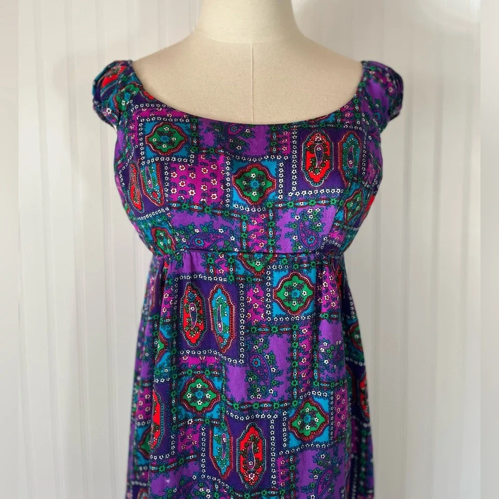 Vintage Hawaiian Purple Psychedelic Floral Patterned Maxi Dress Cap Sleeve Sa-Ne - Picture 6 of 16